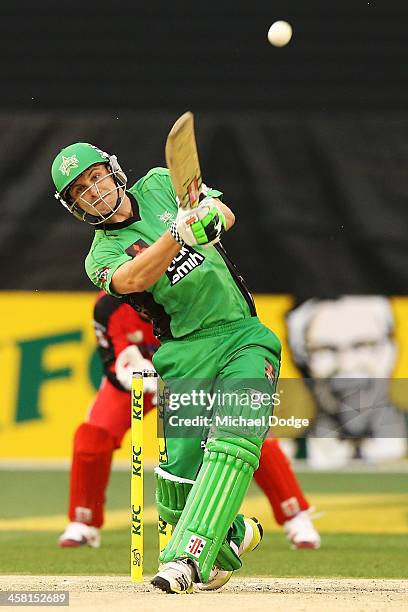 Luke Wright of the Stars hits a six off the bowling of Will Sheridan of the Renegades during the Big Bash League match between the Melbourne Stars...