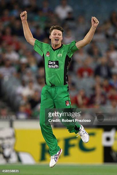 Jackson Bird of the Stars celebrates taking the wicket of Tom Cooper of the Renegades during the Big Bash League match between the Melbourne Stars...