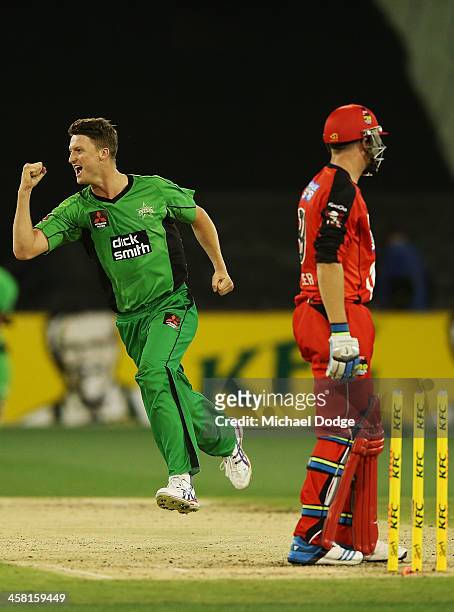 Jackson Bird celebrates after bowling out Jos Buttler of the Renegades during the Big Bash League match between the Melbourne Stars and the Melbourne...
