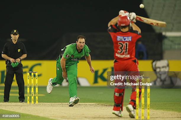 John Hastings of the Stars dismisses Will Sheridan of the Renegades caught by Clive Rose during the Big Bash League match between the Melbourne Stars...