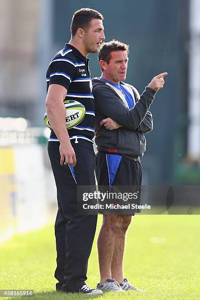 Sam Burgess the new signing for Bath Rugby in conversation with Head Coach Mike Ford during a Bath training session at the Recreation Ground on...