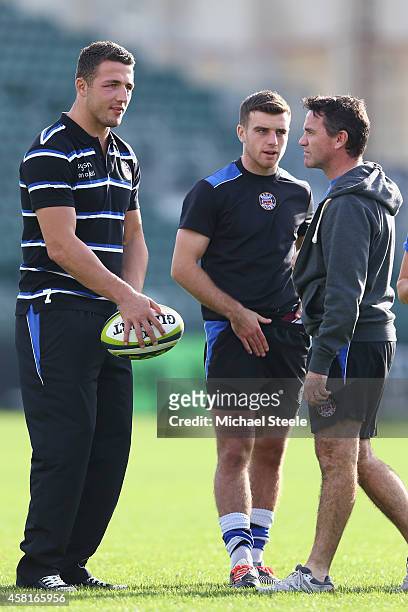 Sam Burgess the new signing for Bath Rugby alongside George Ford and Head Coach Mike Ford during a Bath training session at the Recreation Ground on...