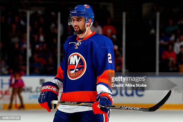 Nick Leddy of the New York Islanders skates against the Toronto Maple Leafs at Nassau Veterans Memorial Coliseum on October 21, 2014 in Uniondale,...