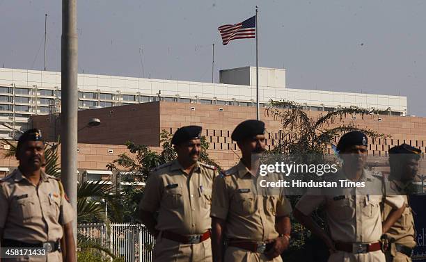 Security outside American Consulate Office at Bandra-Kurla Complex as political activists protest against the alleged ill-treatment of Indian...