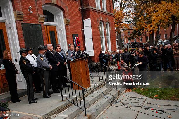 Lt. Col. George Bivens of the state police speaks at a press conference in the front of the court house after Eric Frein makes first court appearance...