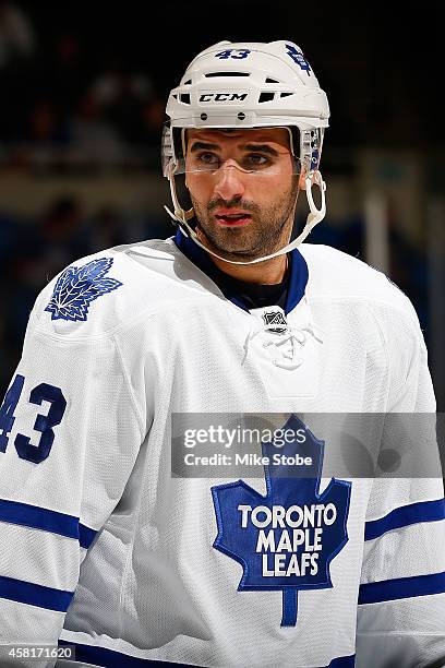 Nazem Kadri of the Toronto Maple Leafs skates against the New York Islanders at Nassau Veterans Memorial Coliseum on October 21, 2014 in Uniondale,...