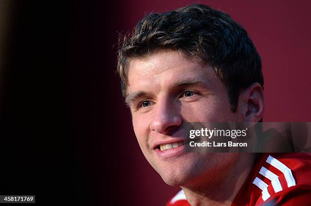 Thomas Mueller smiles during a Bayern Muenchen press conference ahaed of the FIFA Club World Cup Final against Raja Casablanca at Marrakech Stadium...