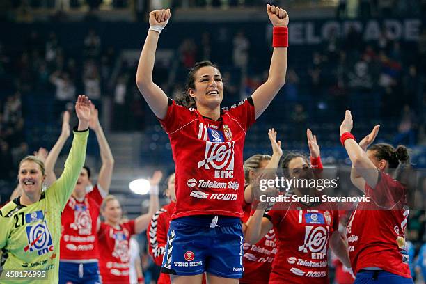 Sanja Damnjanovic of Serbia celebrates victory after the World Women's Handball Championship 2013 Semi Final match between Poland and Serbia at...