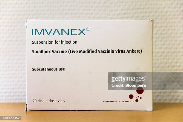 Packet containing 20 single dose vials of Imvanex smallpox vaccine sits on display in this arranged photograph, taken at the Bavarian Nordic A/S...