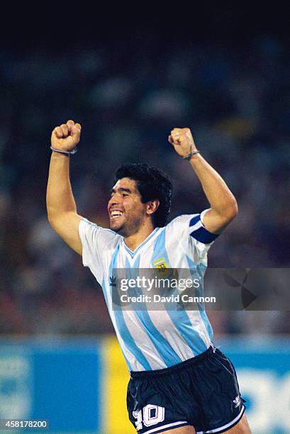 Diego Maradona of Argentina celebrates during the semi final match between Argentina and Italy in the 1990 FIFA World Cup at the Stadio San Paolo in...