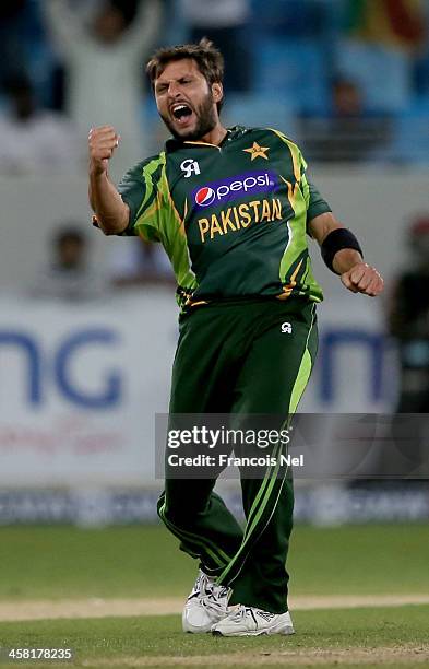 Sahid Afridi of Pakistan celebrates after dismissing Nuwan Kulasekara of Sri Lanka during the second One-Day International match between Sri Lanka...