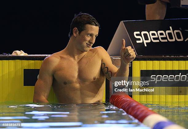 Michael Jamieson of Great Britain gives the thumbs up after competing in the Men's 200m Breaststroke during Duel In The Pool at Tollcross...