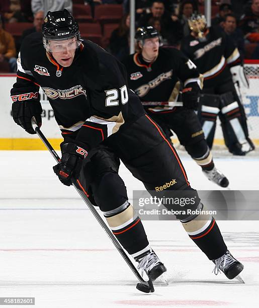 David Steckel of the Anaheim Ducks handles the puck during the game against the New York Islanders on December 9, 2013 at Honda Center in Anaheim,...