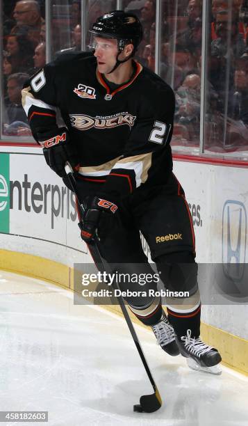 David Steckel of the Anaheim Ducks handles the puck during the game against the New York Islanders on December 9, 2013 at Honda Center in Anaheim,...