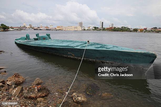 Homemade' fibreglass drug smuggling submarine used to transport up to 2 tonnes of Cocaine at the Cartagena CoastGuard on October 31, 2014 in...