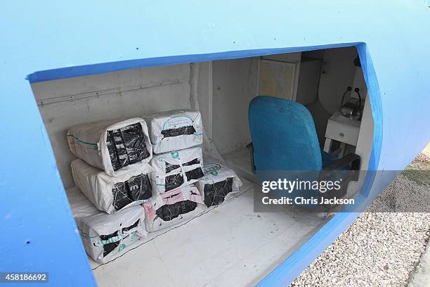 Homemade' fibreglass drug smuggling submarine used to transport up to 2 tonnes of Cocaine at the Cartagena CoastGuard on October 31, 2014 in...