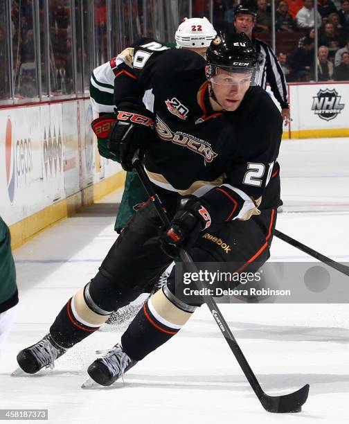 David Steckel of the Anaheim Ducks handles the puck during the game against the Minnesota Wild on December 11, 2013 at Honda Center in Anaheim,...