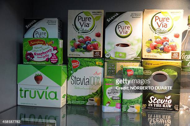 Packages of stevia on the shelves of a supermarket, on October 31, 2014 in Asuncion. Following the approval by the U.S. And European health...