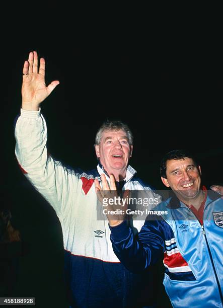 England manager Graham Taylor and assitant Lawrie McMenemy celebrate qualification for Euro 92' after a 1-1 draw against Poland at the Lecha Stadium...