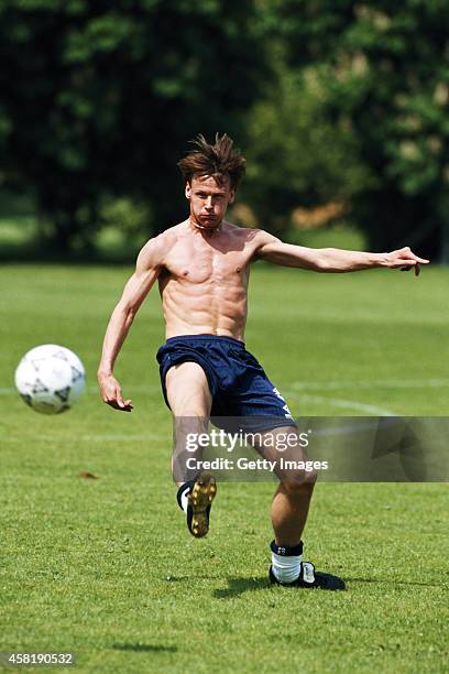 England forward Teddy Sheringham in action during a training session at Bisham Abbey on May 24, 1993 in England.