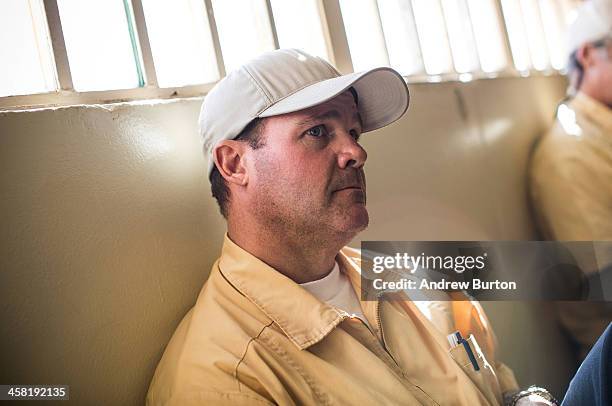 David Barnhill, age 44, attends a meeting of the Gold Coats assistance program at California Men's Colony prison on December 20, 2013 in San Luis...