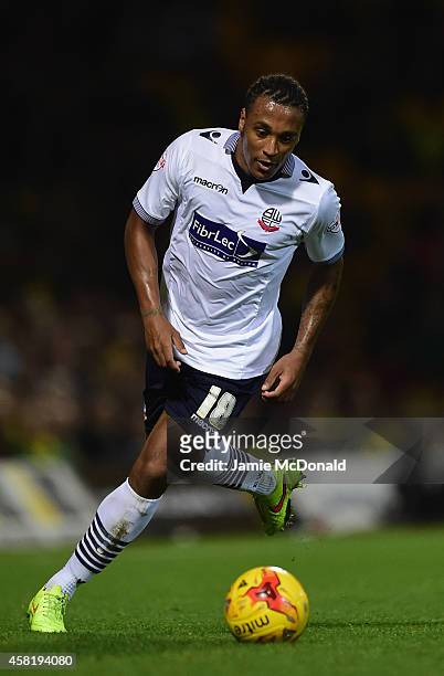 Neil Danns of Bolton in action during the Sky Bet Championship match between Norwich City and Bolton Wanderers at Carrow Road on October 31, 2014 in...