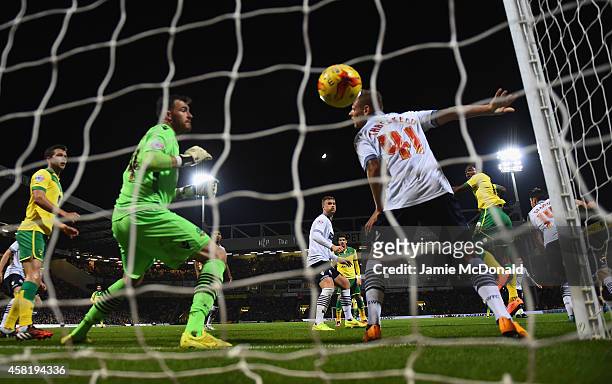 Cameron Jerome scores a goal for Norwich City during the Sky Bet Championship match between Norwich City and Bolton Wanderers at Carrow Road on...