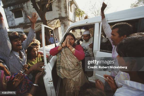 Indian dacoit and heroine of the low caste Phoolan Devi campaigns for election in Uttar Pradesh, India, 1998.