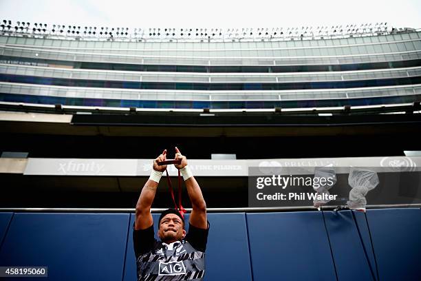 Keven Mealamu of the All Blacks warms up during the New Zealand All Blacks Captain's run at Soldier Field on October 31, 2014 in Chicago, Illinois.