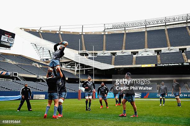 Victor Vito of the All Blacks takes the ball in the lineout during the New Zealand All Blacks Captain's run at Soldier Field on October 31, 2014 in...