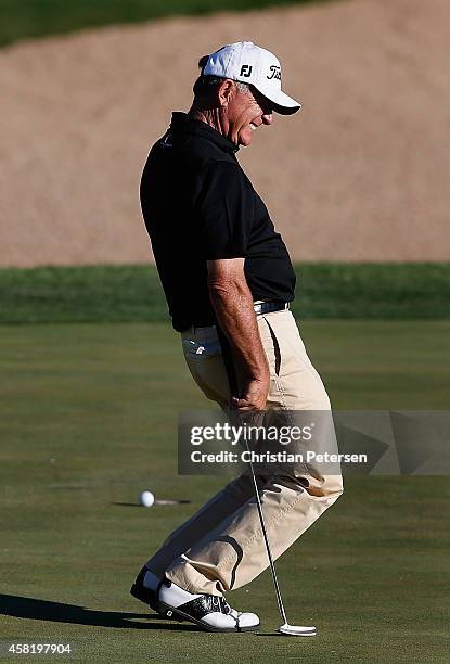 Jay Haas reacts to a missed birdie putt on the 18th green during round two of the Charles Schwab Cup Championship on the Cochise Course at The Desert...