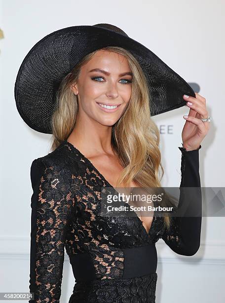 Jennifer Hawkins at the Myer Marquee on Derby Day at Flemington Racecourse on November 1, 2014 in Melbourne, Australia.