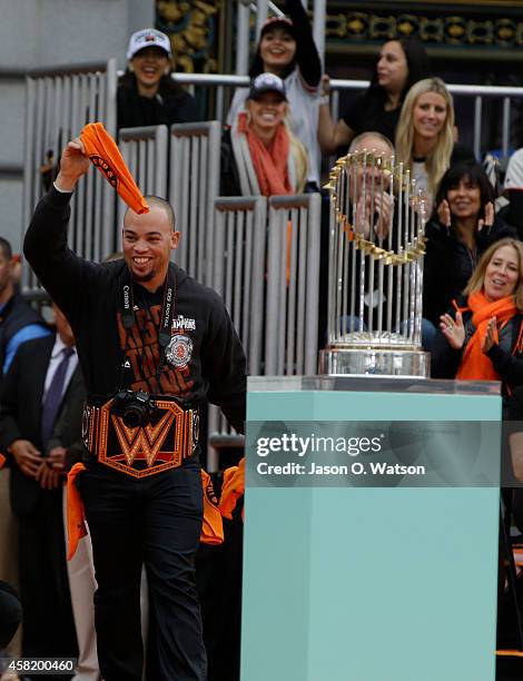 San Francisco Giants left fielder Juan Perez is introduced during the San Francisco Giants World Series victory parade on October 31, 2014 in San...