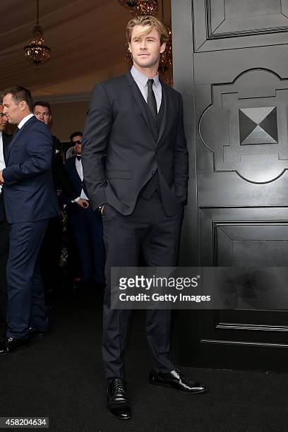 Chris Hemsworth poses at the Johnnie Walker Marquee on Derby Day at Flemington Racecourse on November 1, 2014 in Melbourne, Australia.