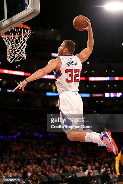 Blake Griffin of the Los Angeles Clippers dunks against the Los Angeles Lakers at Staples Center on October 31, 2014 in Los Angeles, California. NOTE...