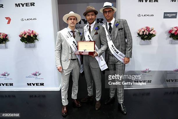 Myer Fashions on the Field Men's Racewear winners, first place Peter Tran , first runner up Cameron Frugynski and second runner up Michael Taylor...