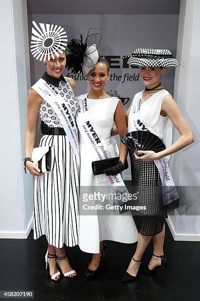 Myer Fashions on the Field Women's Racewear winners, first place Brodie Worrell , first runner up Olivia Moor and second runner up Stacie Kidner pose...