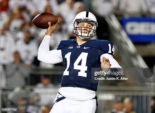 Christian Hackenberg of the Penn State Nittany Lions drops back to pass during the game against the Ohio State Buckeyes on October 25, 2014 at Beaver...