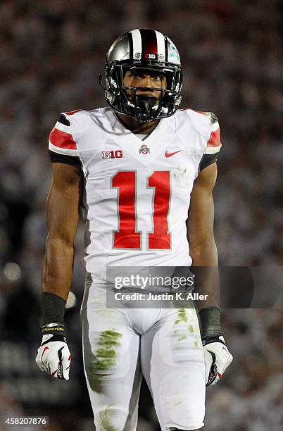 Vonn Bell of the Ohio State Buckeyes looks on during the game against the Penn State Nittany Lions on October 25, 2014 at Beaver Stadium in State...