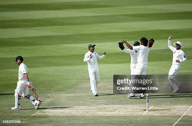 David Waner of Australia leaves the pitch after he is caught by Yasir Shah of Pakistan off the bowling of Rahat Ali during Day Three of the Second...