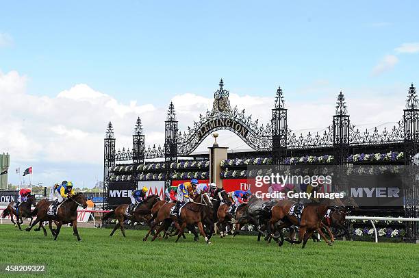 Michael Rodd riding Bonaria wins race 8 Myer Classic on Victoria Derby Day at Flemington Racecourse on November 1, 2014 in Melbourne, Australia.