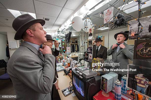 Actors Stephen Gregory Smith, left and Harry A. Winter in their decorated dressing areas at the Signature Theater in Arlington, VA on October 23,...