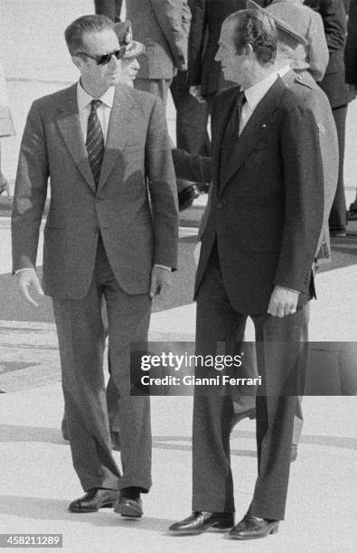 The Spanish King Juan Carlos received at the airport of Barajas the King Baudouin of Belgium, 26th September 1978, Madrid, Spain. .