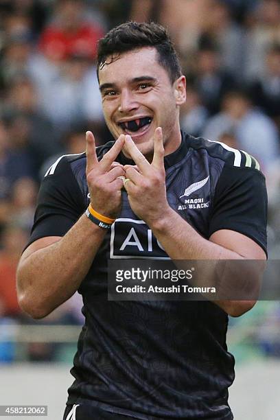 James Lowe of Maori All Blacks celebrates after scoring a try during the international friendly match between Maori All Blacks and Japan at the...