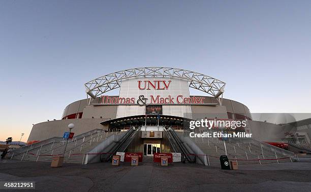An exterior view of the Thomas & Mack Center at UNLV before a basketball game between the Sacred Heart Pioneers and the UNLV Rebels on December 20,...