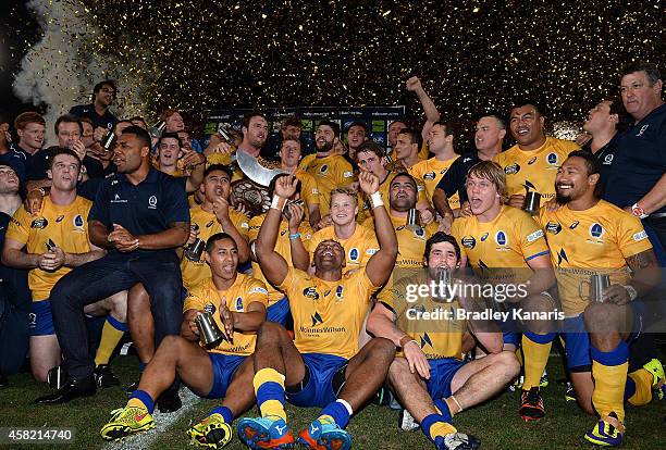 Brisbane City players celebrate victory after the 2014 NRC Grand Final match between Brisbane City and Perth Spirit at Ballymore Stadium on November...