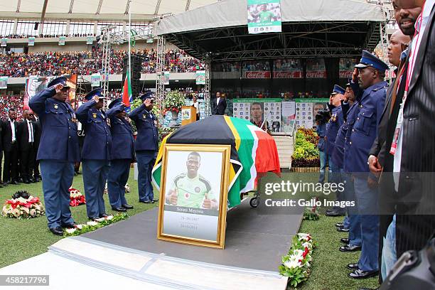 Senzo Meyiwa's coffin arrives during the funeral service of the late Senzo Meyiwa at Moses Mabhida Stadium on November 01, 2014 in Durban, South...