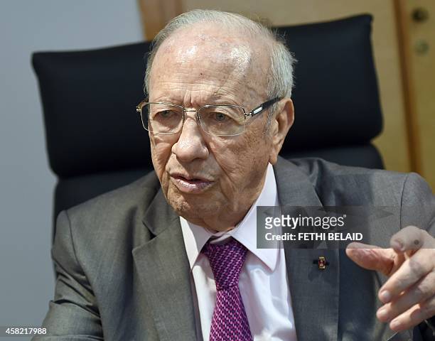 Tunisian leader of the main anti-Islamist party Nidaa Tounes and presidential candidate, Beji Caid Essebsi answers AFP journalists' questions during...