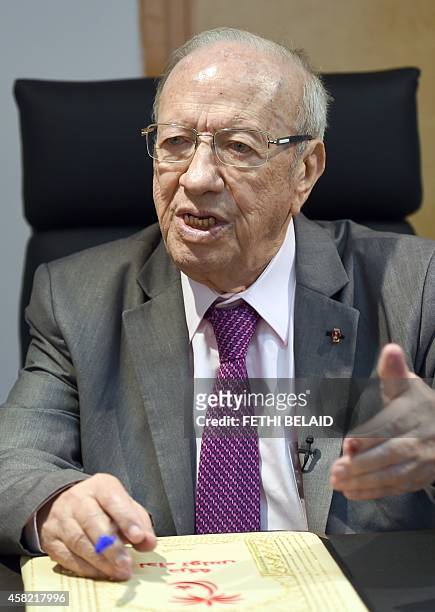 Tunisian leader of the main anti-Islamist party Nidaa Tounes and presidential candidate, Beji Caid Essebsi answers AFP journalists' questions during...