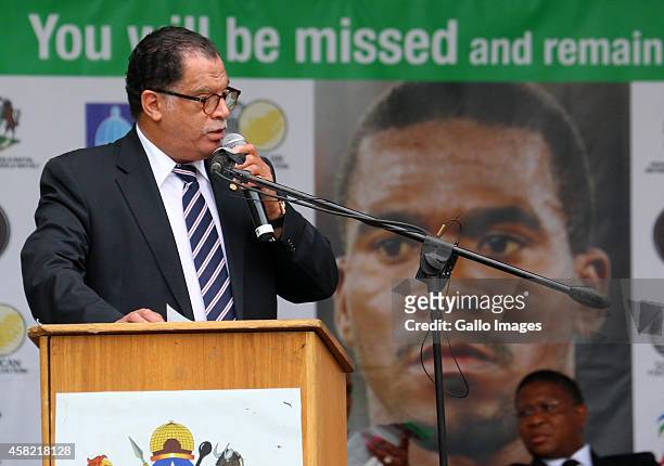 President Danny Jordan speaks during the funeral service of the late Senzo Meyiwa at Moses Mabhida Stadium on November 01, 2014 in Durban, South...